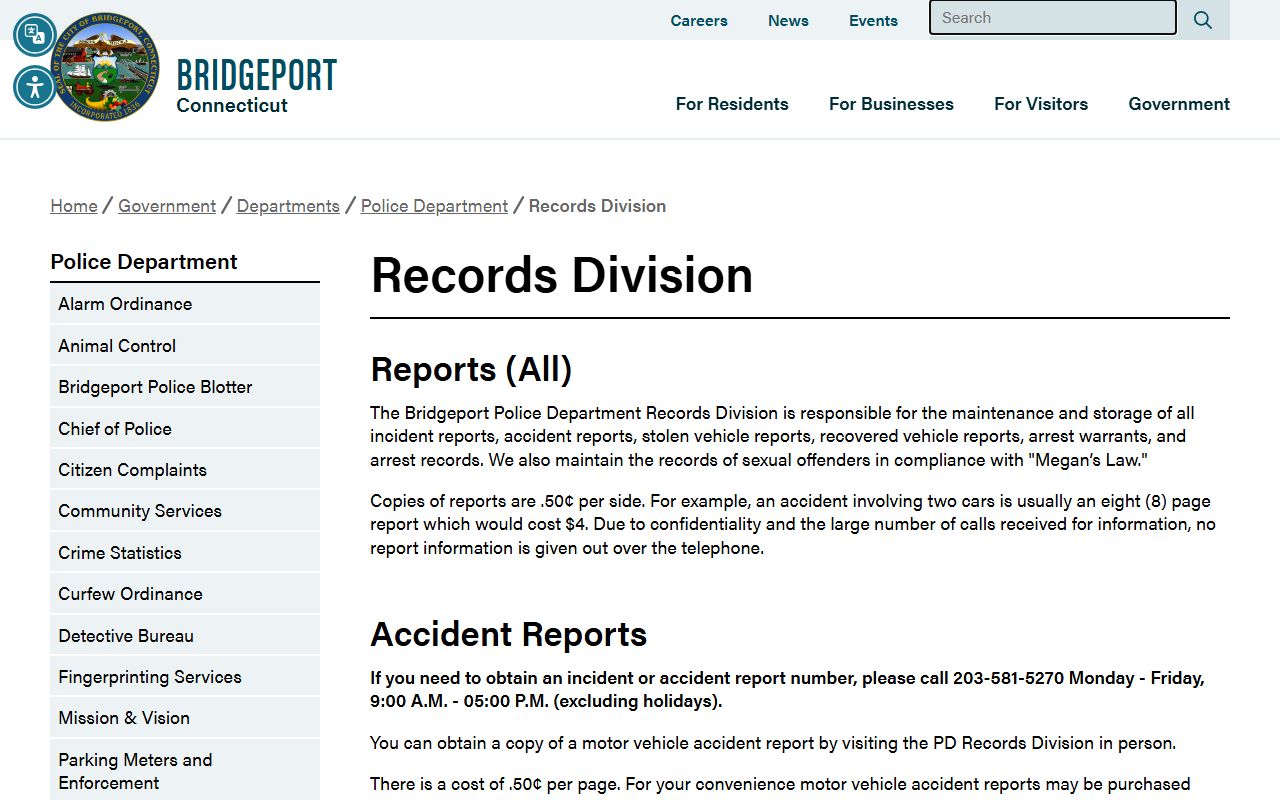 Bridgeport Police Department Records Division contact information for booking records