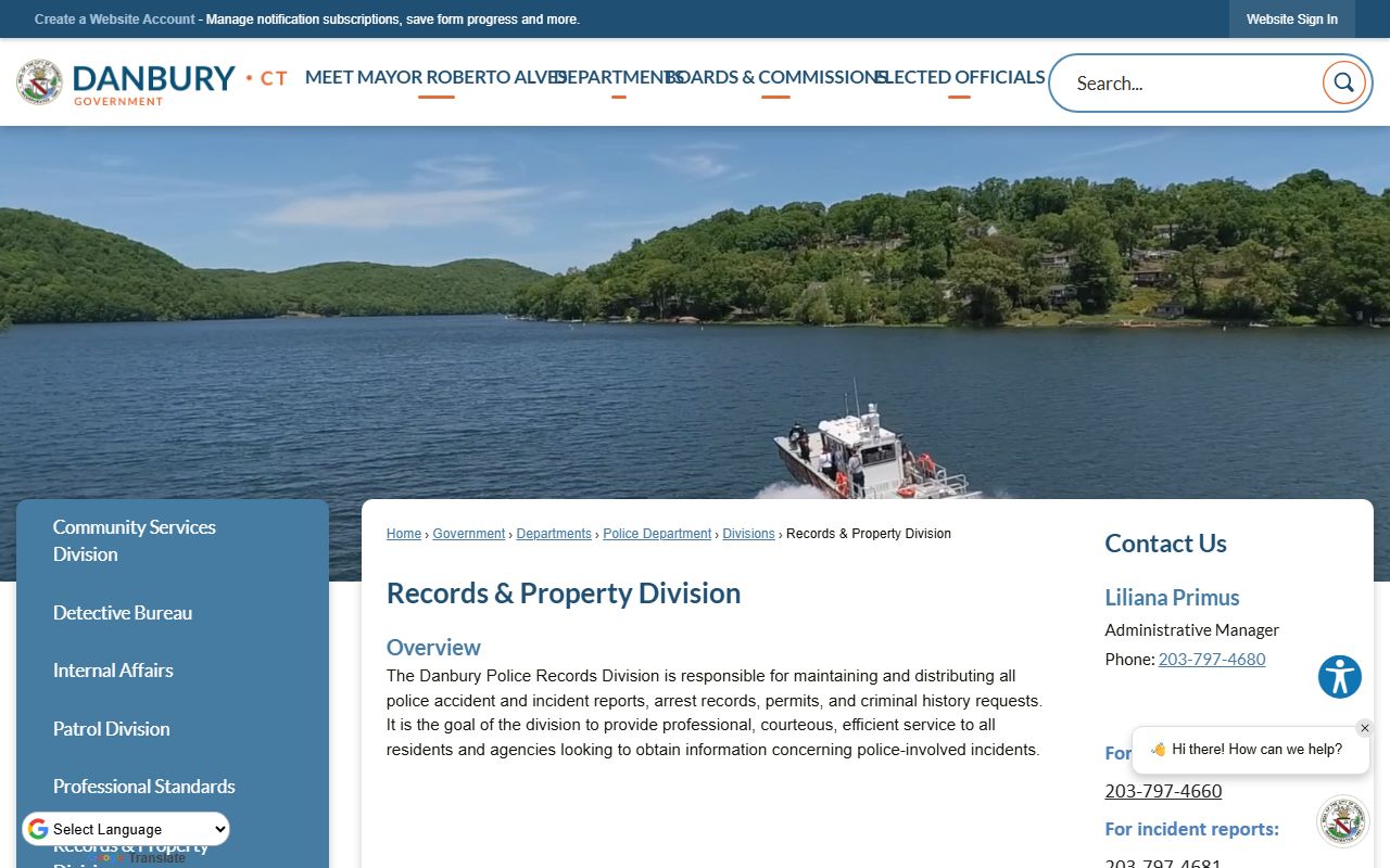 Danbury Police Department Records Division building for arrest log requests