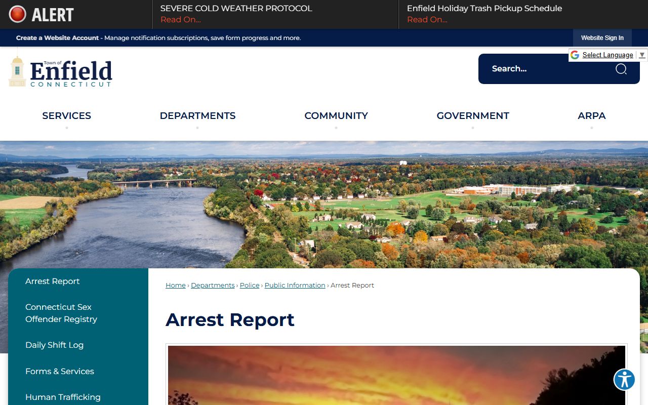 Enfield Police Department arrest report page showing booking records access