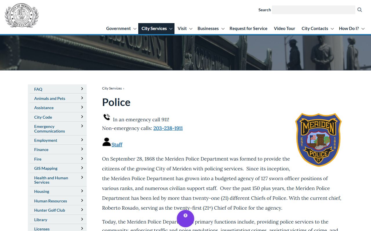 Meriden Police Department website for accessing booking records