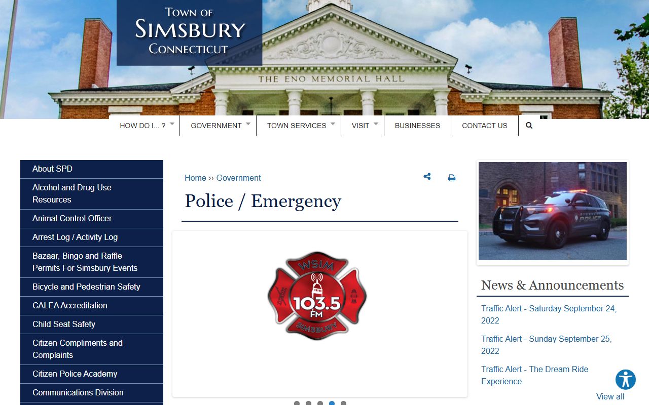 Simsbury Police Department homepage and interactive dashboard