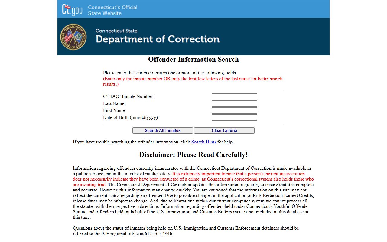 Connecticut DOC Inmate Search Portal showing search fields for booking records