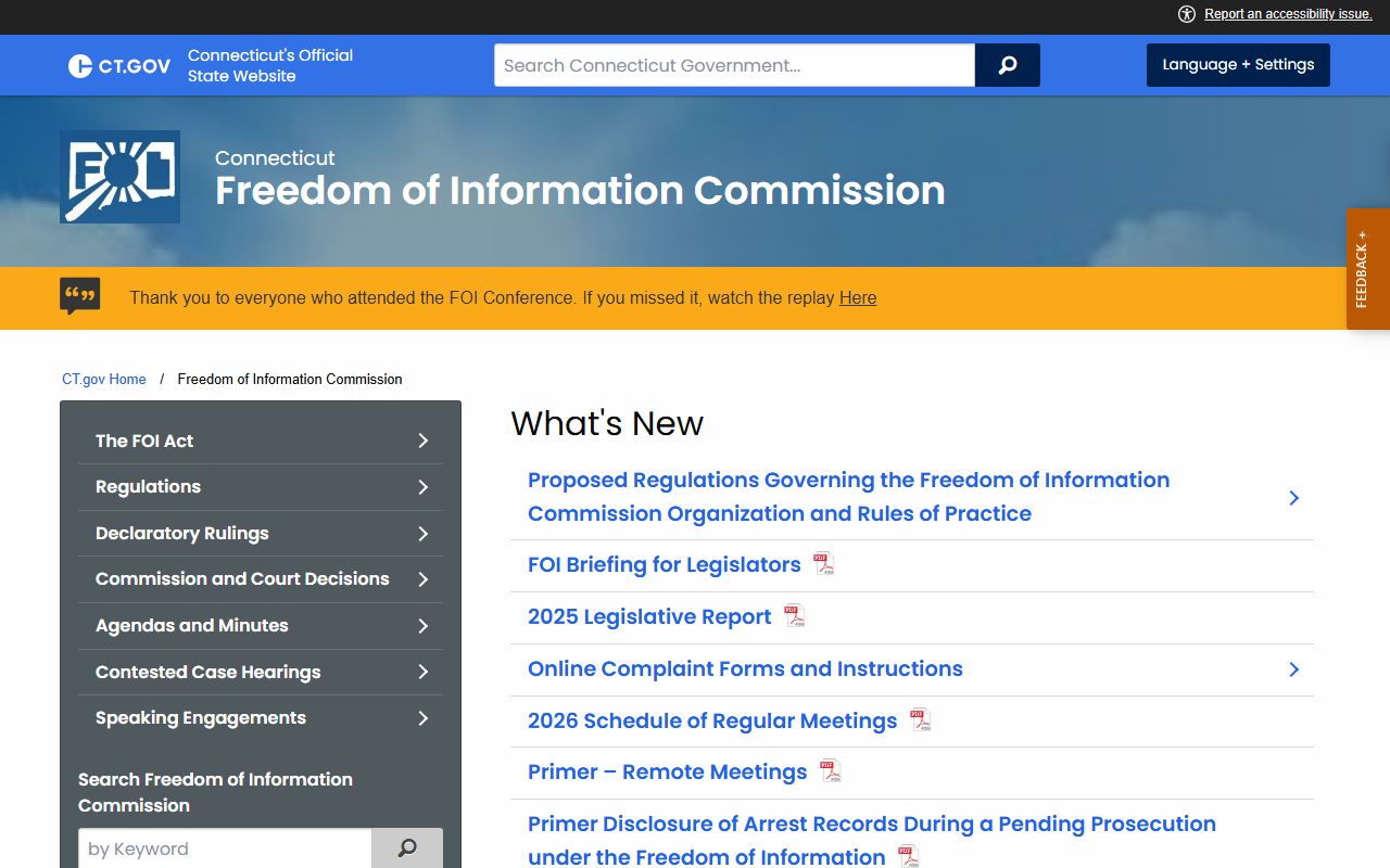 Connecticut Freedom of Information Commission website showing public records access
